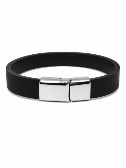 Pulsera de Cuero Negro Con Cierre Magn&eacute;tico Plateado
