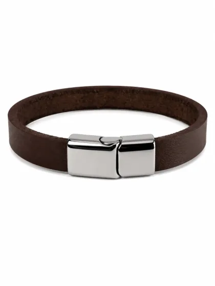 Pulsera de Cuero Marr&oacute;n Con Cierre Magn&eacute;tico Plateado