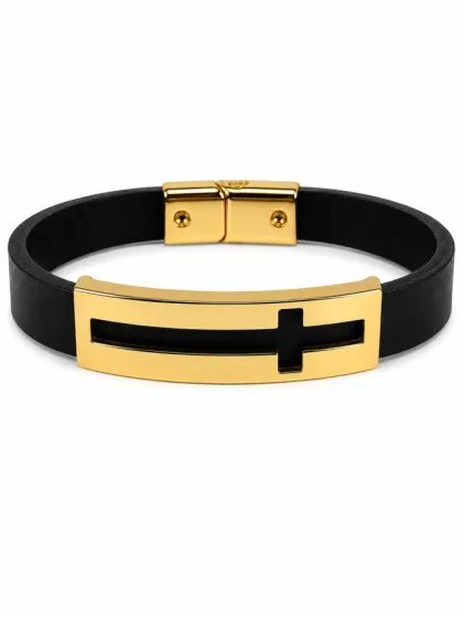 Pulsera de Cuero Cruz Dorado