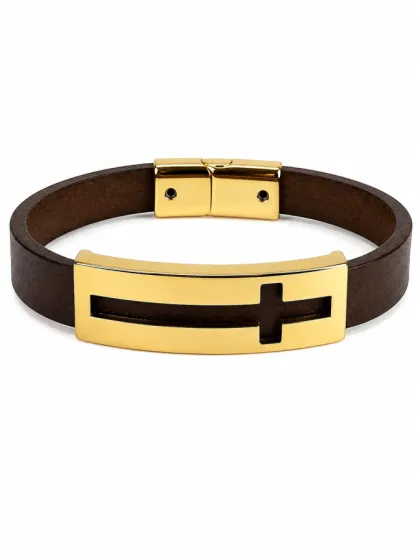 Pulsera de Cuero Marr&oacute;n Cruz Dorado