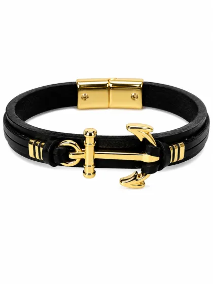 Pulsera de Cuero Ancla Dorado
