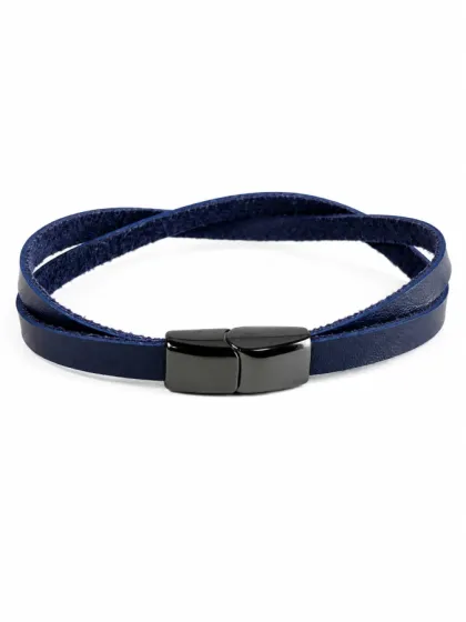 Pulsera Doble Tira de Cuero Azul con Cierre Magn&eacute;tico Grafito