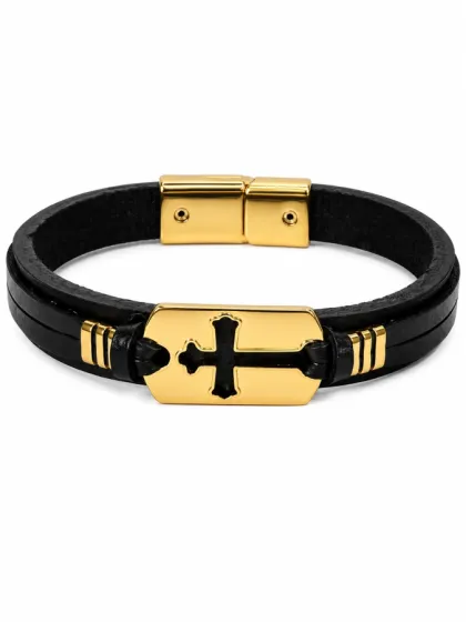 Pulsera de Cuero Cruz Aureus Dorado