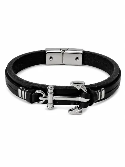 Pulsera de Cuero Ancla Plateado