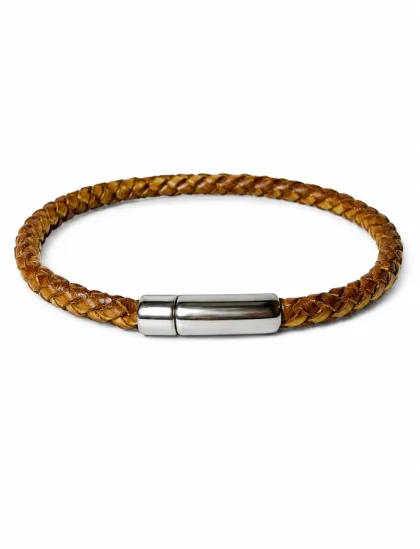 Pulsera Trenzada de Cuero Marr&oacute;n Minimalista Con Cierre Magn&eacute;tico Plateado