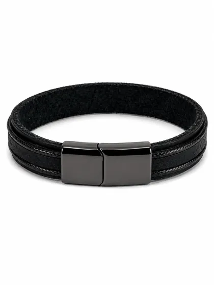 Pulsera de Cuero Negro con Doble Hilo Negro