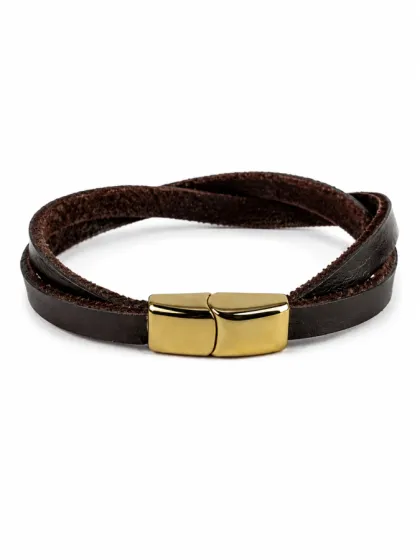 Pulsera Doble Tira de Cuero Marr&oacute;n con Cierre Magn&eacute;tico Dorado