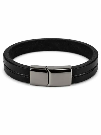 Pulsera de Cuero Negro con Hilo Negro