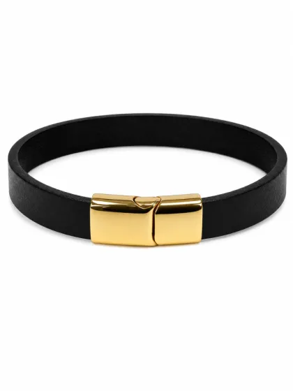 Pulsera de Cuero Negro Con Cierre Magn&eacute;tico Dorado