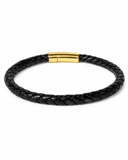 Pulsera Trenzada de Cuero Negro Minimalista Con Cierre Magnético Dorado