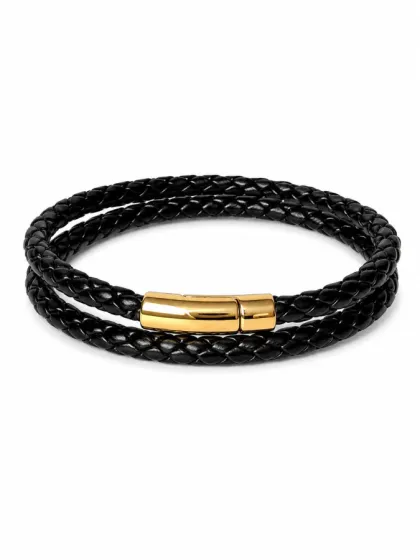 Pulsera Trenzada de Cuero Negro Con Cierre Magn&eacute;tico Dorado