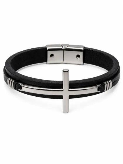 Pulsera de Cuero Cross Plateado
