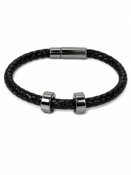 Pulsera de Cuero Trenzada con 2 Argollas Plateada