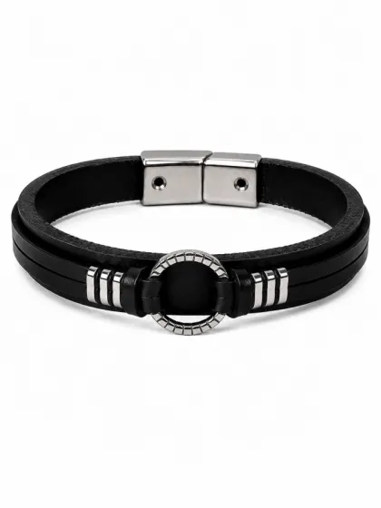 Pulsera de Cuero Argolla Plateado
