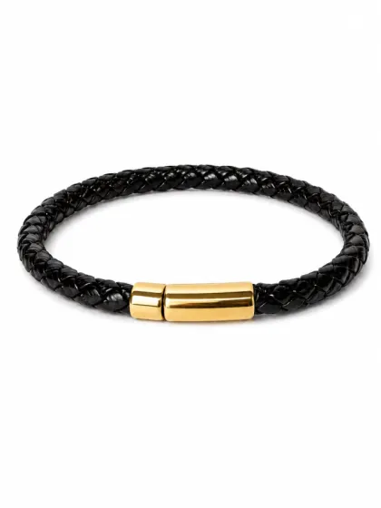Pulsera Trenzada de Cuero Negro Minimalista Con Cierre Magn&eacute;tico Dorado