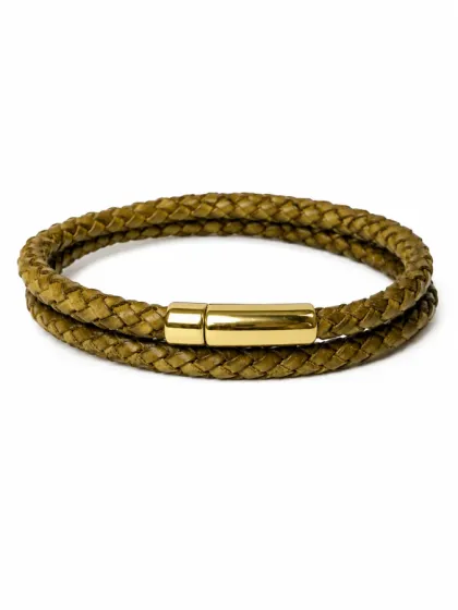 Pulsera Trenzada de Cuero Marr&oacute;n Con Cierre Magn&eacute;tico Dorado