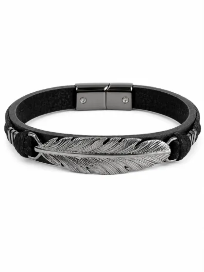Pulsera de Cuero Pluma Grafito
