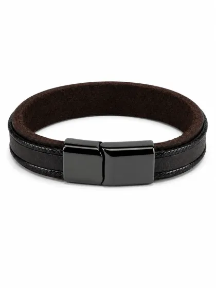 Pulsera de Cuero Marr&oacute;n con Doble Hilo Negro