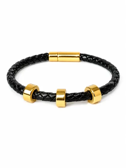 Pulsera de Cuero Trenzada con 3 argollas Dorada