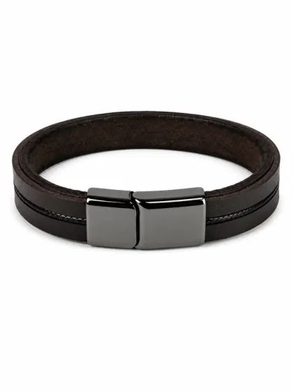 Pulsera de Cuero Marr&oacute;n con Hilo Negro