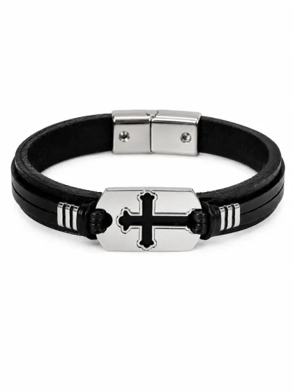 Pulsera de Cuero Cruz Aureus Plateado