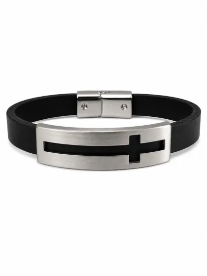 Pulsera de Cuero Cruz Plateado