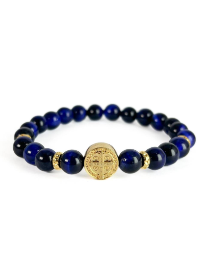 Pulsera San Benito Dorado de Piedras Ojo de Tigre Azul
